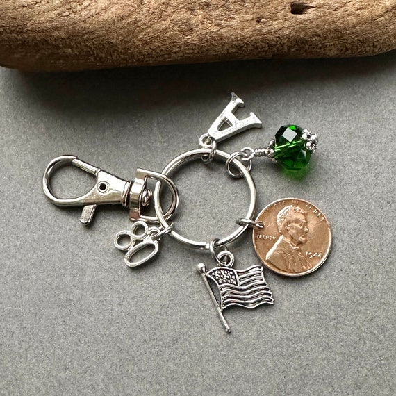 80th birthday gift, 1944 USA one cent coin bag clip charm, choice of initial and birthstone colour charm, 80th anniversary gift woman