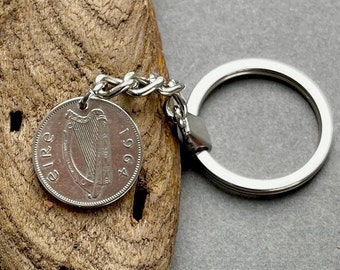 60th birthday gift, 1964 Lucky Irish sixpence keychain, keyring, Ireland lucky charm, wolfhound dog coin