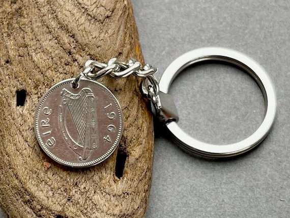 60th birthday gift, 1964 Lucky Irish sixpence keychain, keyring, Ireland lucky charm, wolfhound dog coin