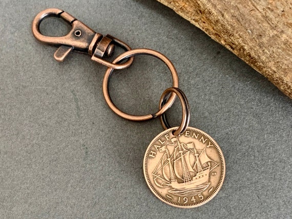 1945 British half penny coin keyring clip, handmade with an English sailing ship coin, 79th birthday gift