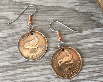 Farthing earrings, choose coin year 1940 - 1952 British wren jewellery, birthday gift for a woman, mum, mother, grandma, nana