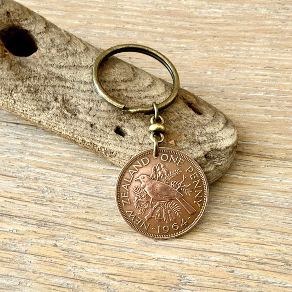 1964 New Zealand penny keyring, keychain, or clip, NZ Tui bird coin a perfect 60th birthday or anniversary gift