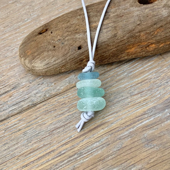 Stacked Sea glass pendant, Ombre beach glass necklace with and adjustable Pale lilac grey leather cord natural jewellery