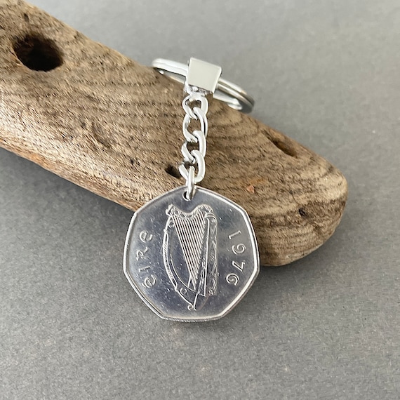 1976 Irish fifty pence coin keyring, keychain or clip, perfect for a 48th birthday or anniversary gift