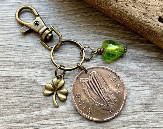 1950 Irish penny shamrock keyring, keychain or charm clip,  a perfect birthday gift from Ireland or retirement present