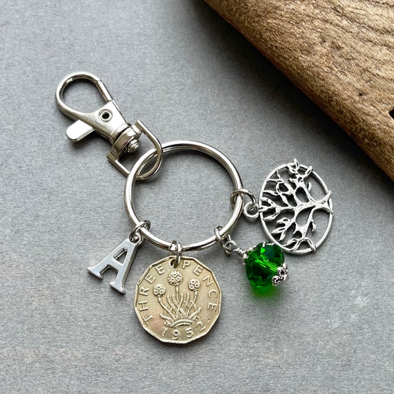 1952 threepence charm or bag clip, personalised gift, choose initial and birthstone colour, 72nd birthday gift,