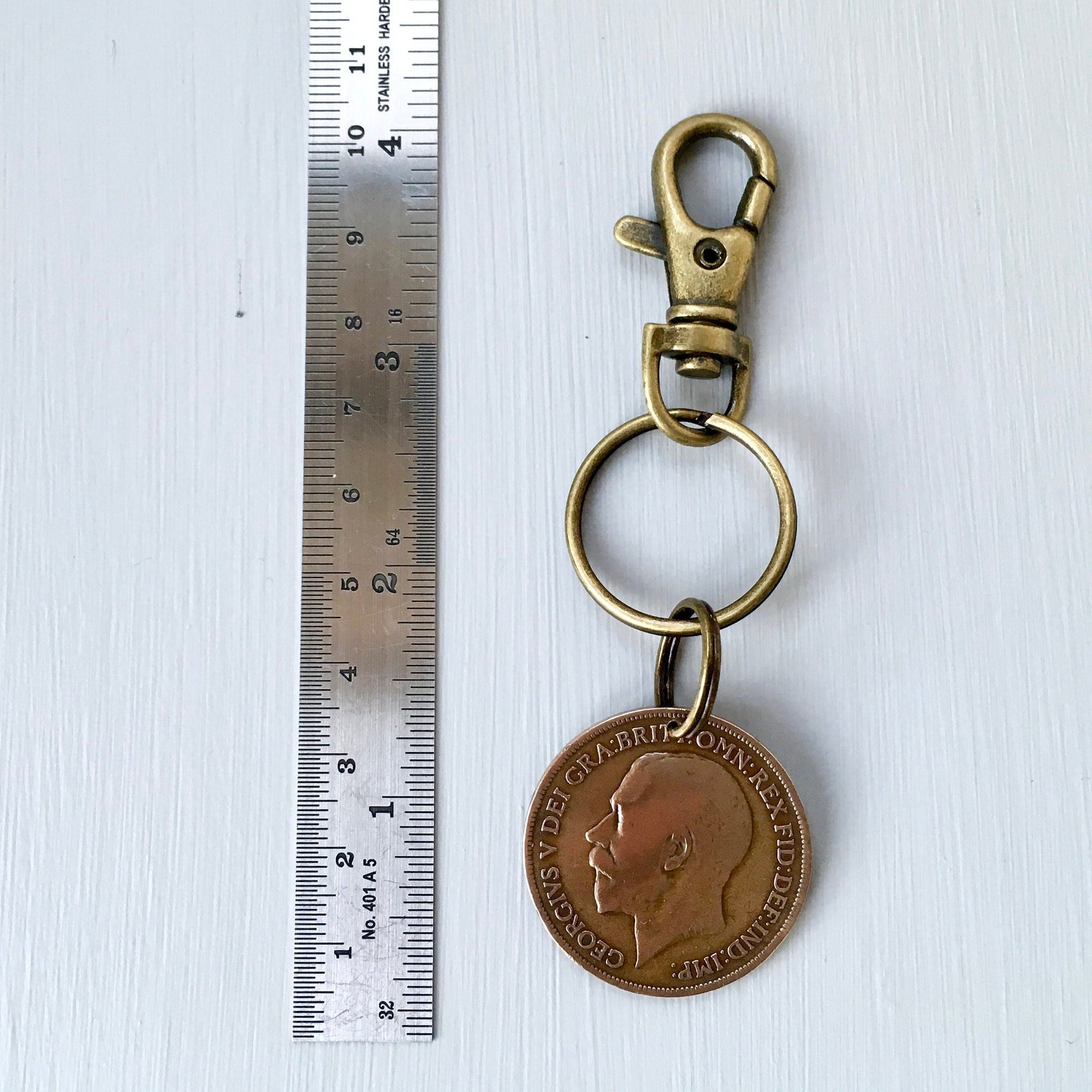 1919 English penny keyring, UK vintage 102 year old coin keychain