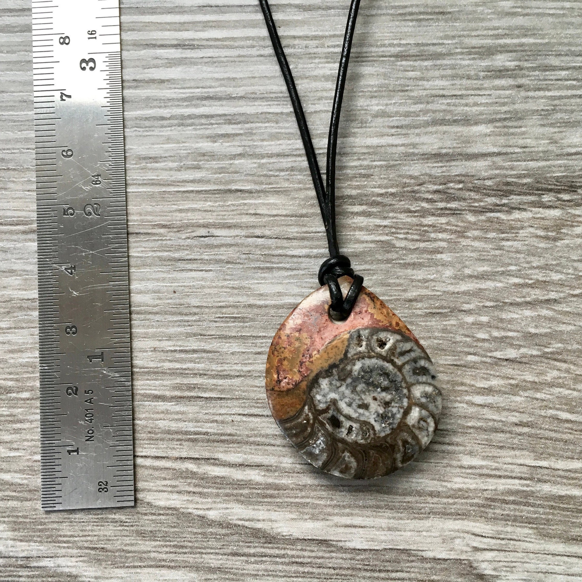 Fossil necklace, polished stone Ammonite pendant, adjustable leather ...