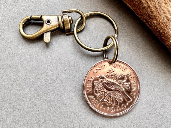 80th birthday gift, 1944 New Zealand penny keyring, NZ coin keychain, New Zealand penny, pretty tui bird coin clip