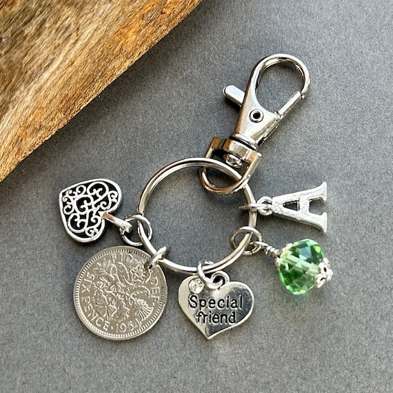 70th birthday gift, 1954 lucky sixpence charm bag clip, personalised gift, choose initial, birthstone colour, nostalgic special friend gift