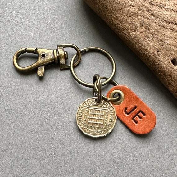70th birthday gift, Personalised Gift 1954 threepence with initials on a key ring or clip, choose initials