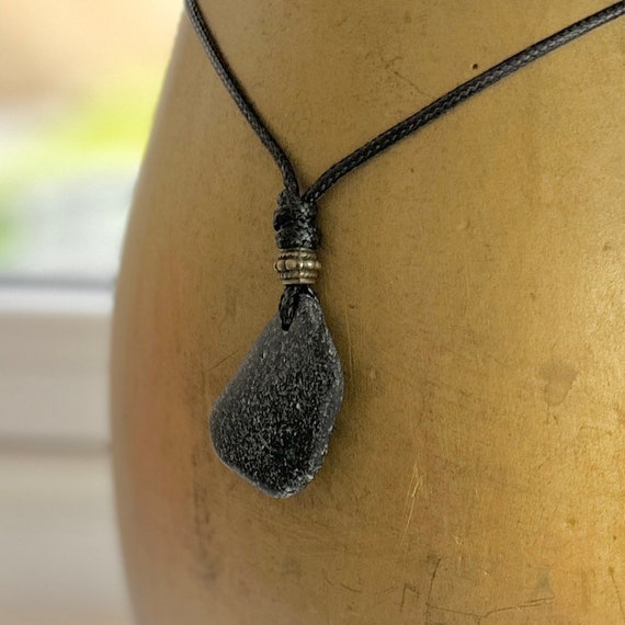 Dark green sea glass pendant, beach glass necklace, natural, recycled, adjustable black waxed polyester cord