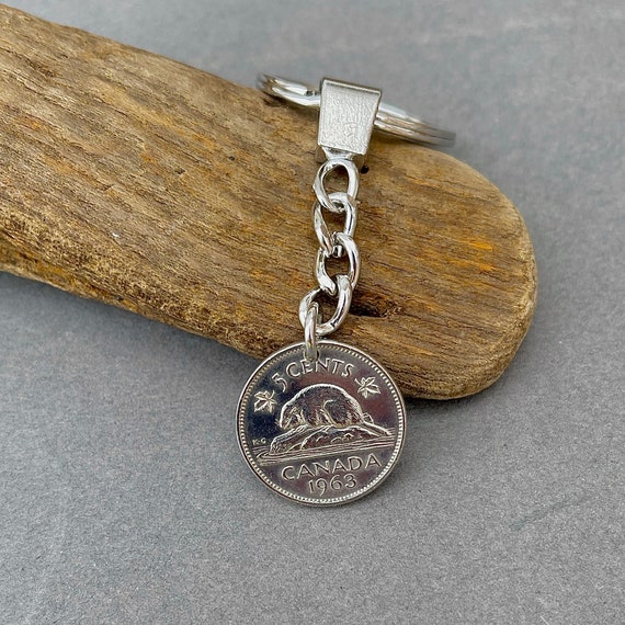 1963 Canadian coin key chain Canada 5 Cent key ring, beaver nickel, 61st birthday or anniversary gift,