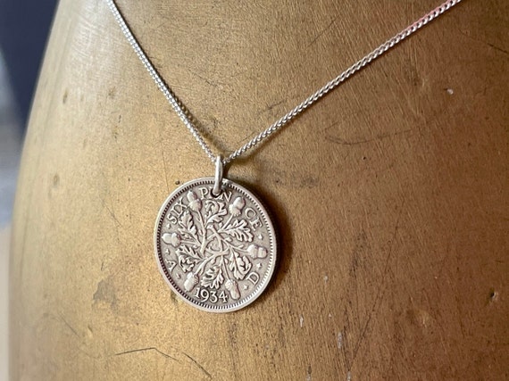 90th birthday gift, 1934 silver sixpence necklace with a sterling silver curb chain, a perfect 90th birthday gift