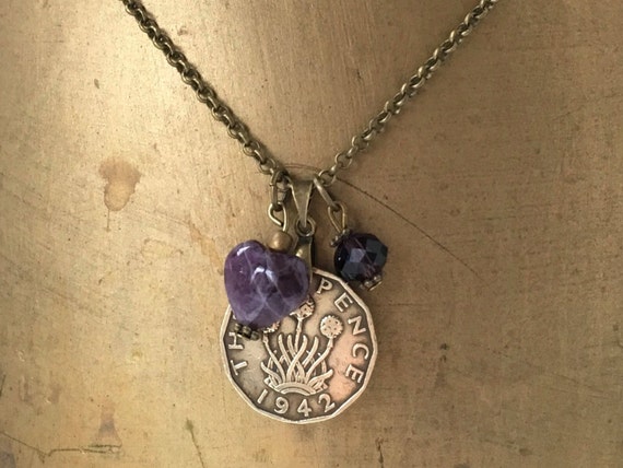 Threepence necklace, choose coin year for a perfect birthday gift, vintage three penny and amethyst heart pendant Jewellery gift for a woman