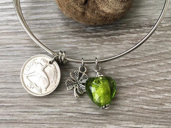 St patricks day Irish hare coin bracelet, choose coin year, birthday or anniversary gift, charm bangle