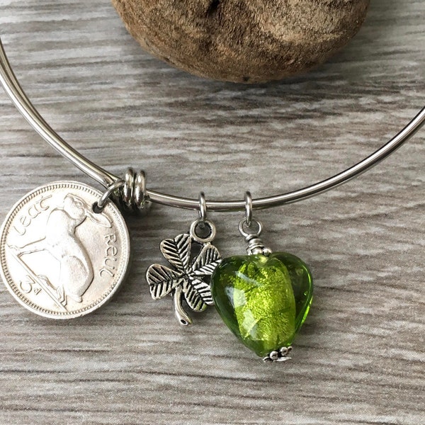 St patricks day Irish hare coin bracelet, choose coin year, birthday or anniversary gift, charm bangle