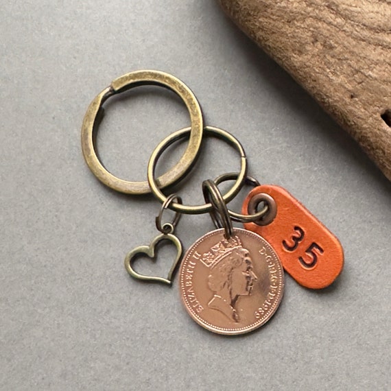 35th anniversary gift 1989 British two pence coin key chain, key ring or clip, for a man or woman