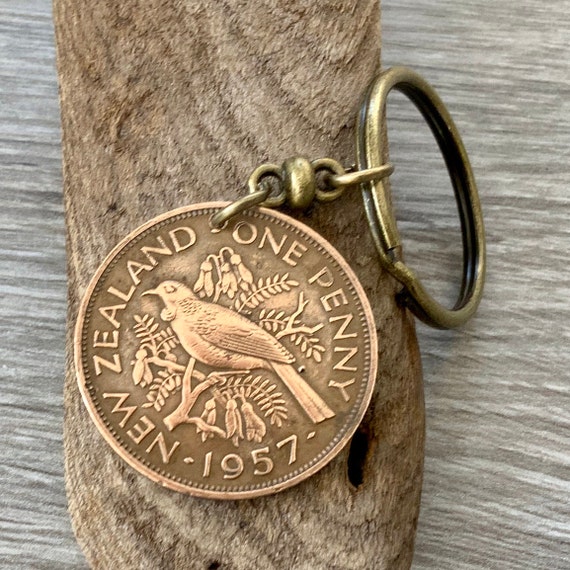 1957 New Zealand coin keyring, keychain or clip, NZ penny, tui bird coin, a perfect 67th birthday or anniversary gift