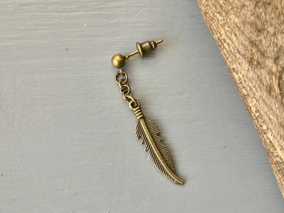 Feather stud post earring, single earring or a pair of earrings, bronze feather jewellery for men or women