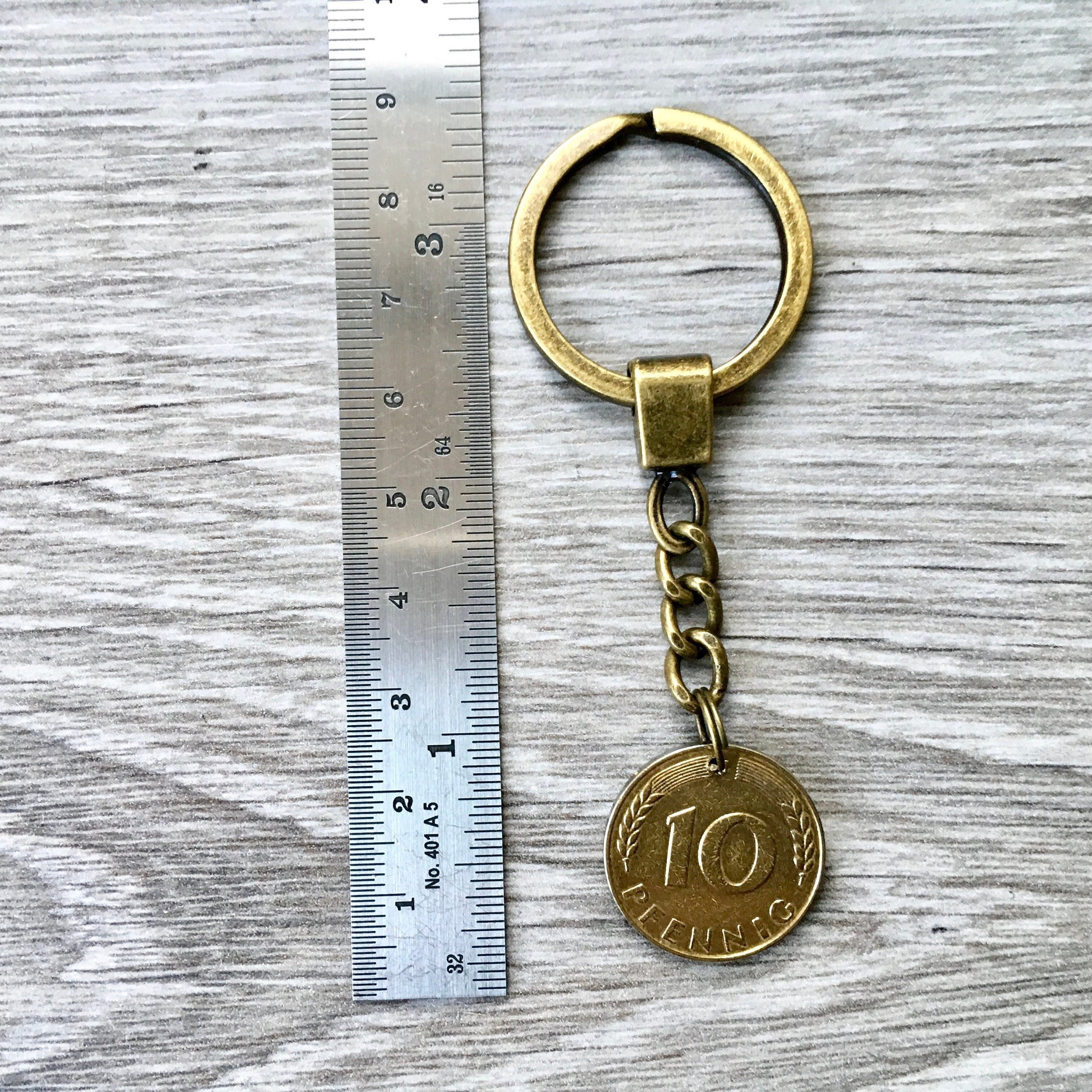 1949 or 1950 German coin keyring or clip, 10 pfennig keychain