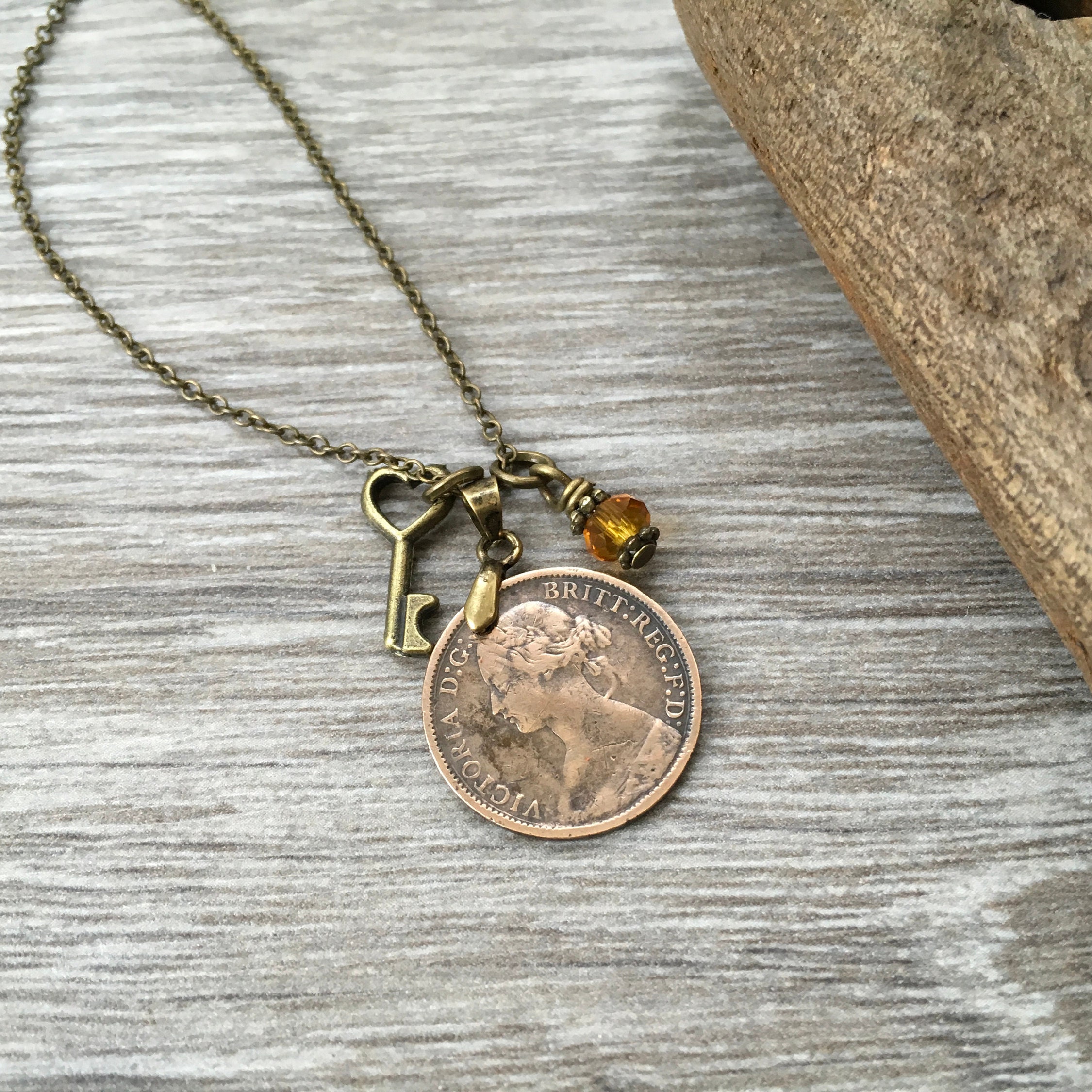 Victorian 1862 coin necklace, British farthing pendant, English