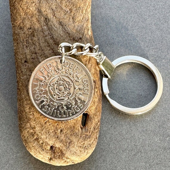 1959 British Two shilling coin keyring or clip, for a perfect 65th birthday or anniversary gift