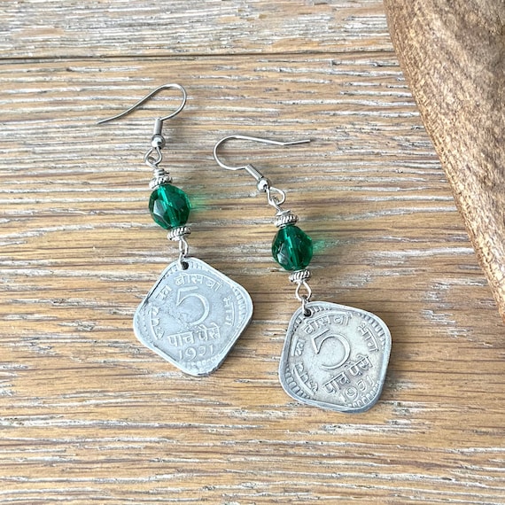 Indian coin earrings, 5 paise from India with green glass beads,