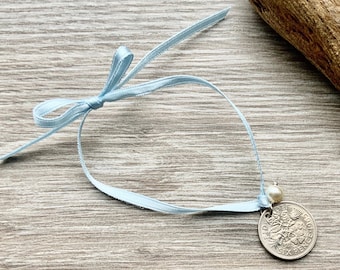 Something old something new, something borrowed and something blue, lucky sixpence tie bracelet or anklet