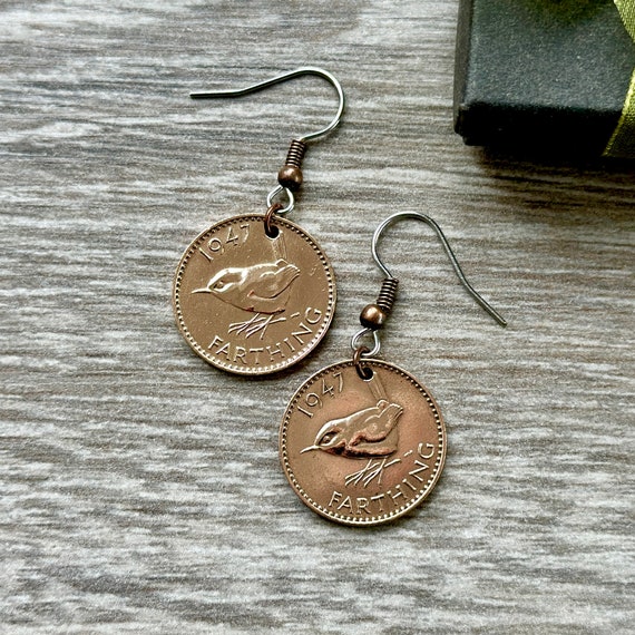 1947 Wren Farthing earrings, hand made with antique British pretty bird coins and stainless steel ear wires, 77th birthday gift