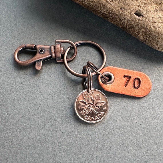 70th birthday gift, 1954 Canadian penny keychain, Canada one cent keyring, lucky maple leaf penny clip