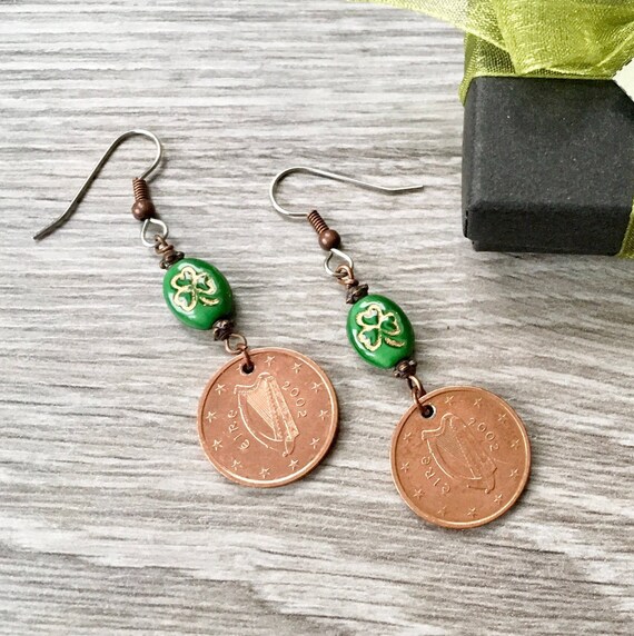 2002 Irish coin earrings green shamrock jewellery, 22nd anniversary gift her, Ireland Celtic, st patricks day, 2002 gift, woman, wife