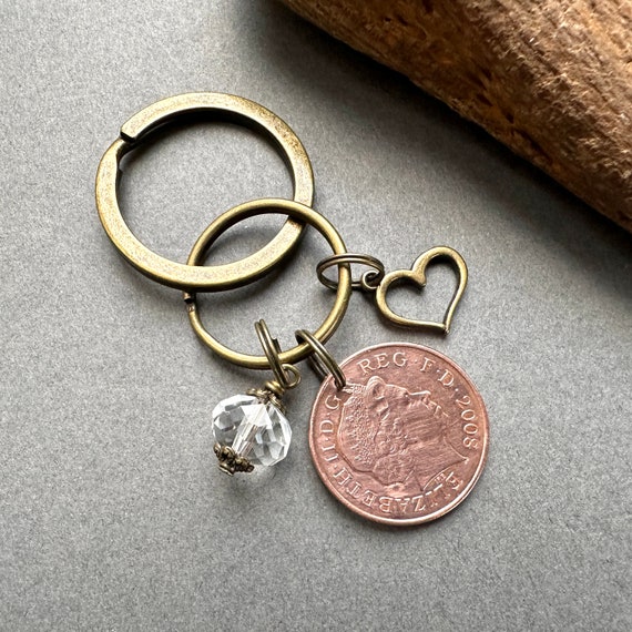 Crystal anniversary gift, 2008 British two pence coin key ring, 15th Anniversary, key chain or clip