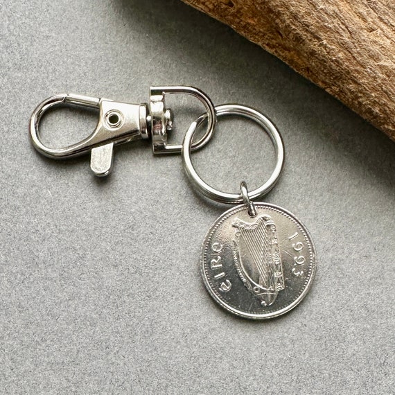 1993 Irish ten pence coin (10p) keychain or clip, a perfect 31st birthday or anniversary gift