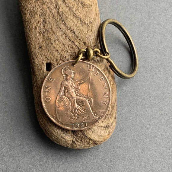 A 103 year old British big penny made into a keyring or clip, a penny from the year 1921 perfect for  a 103rd birthday gift