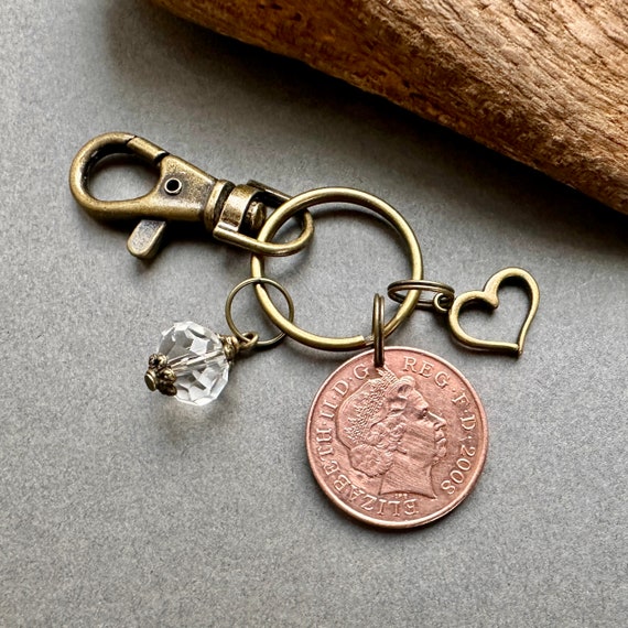 15th Anniversary, Crystal anniversary gift, 2007 or 2008 British two pence coin key ring, key chain or clip