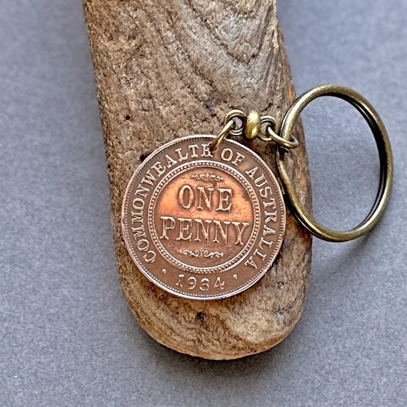 1934 Australian penny key chain, key ring or clip, a perfect 90th birthday gift for some one from Australia