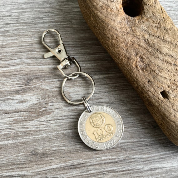 1992 Portuguese coin keyring or clip, Portugal keychain, 100 Escudo, 32nd birthday or anniversary present