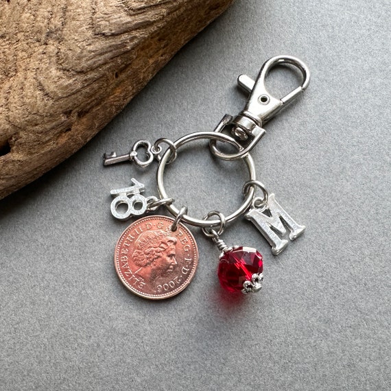 18th birthday gift, 2006 British lucky penny bag charm clip, personalised gift, birthstone and initial present, UK anniversary gift