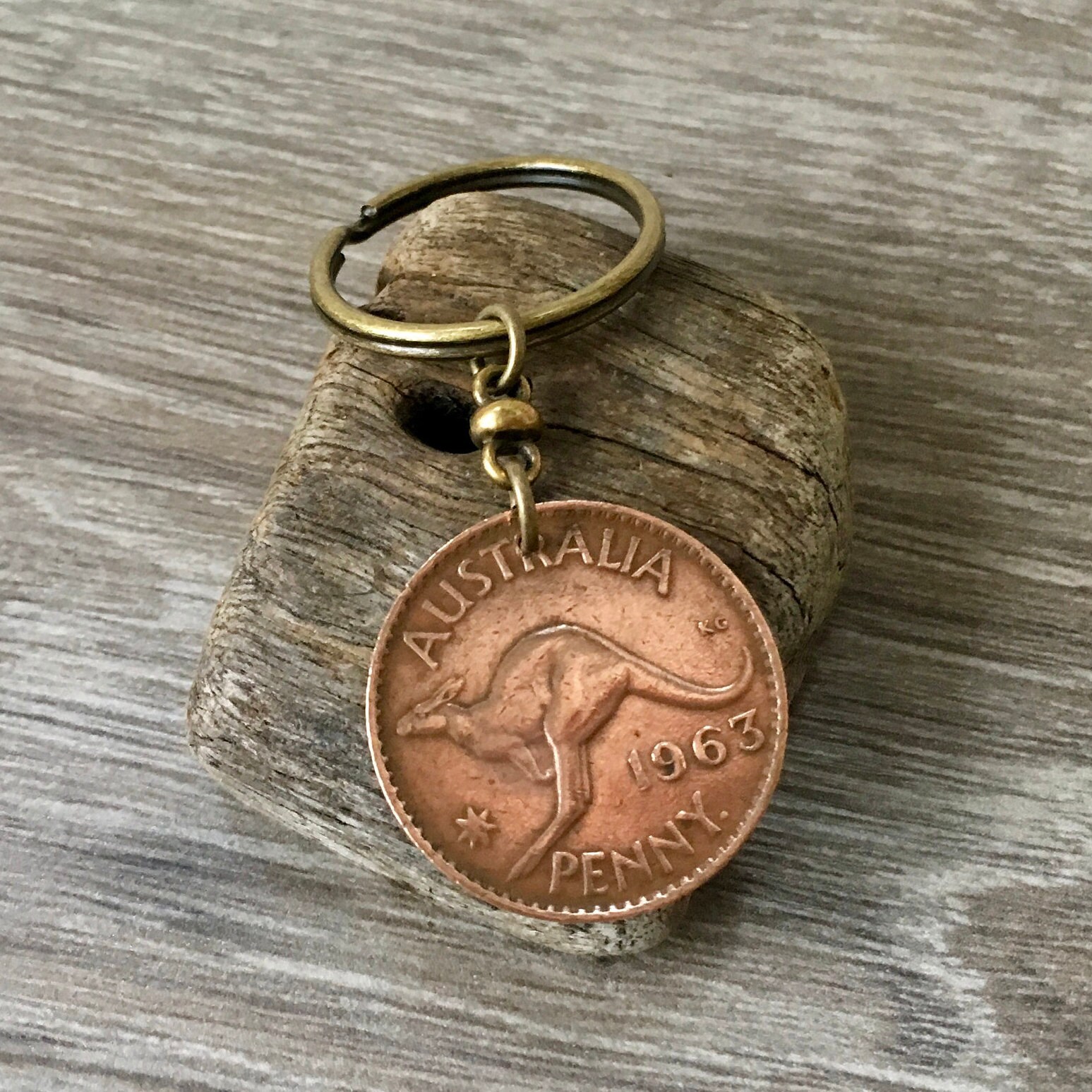 Australian penny keychain, kangaroo coin keyring or clip 1960, 1961