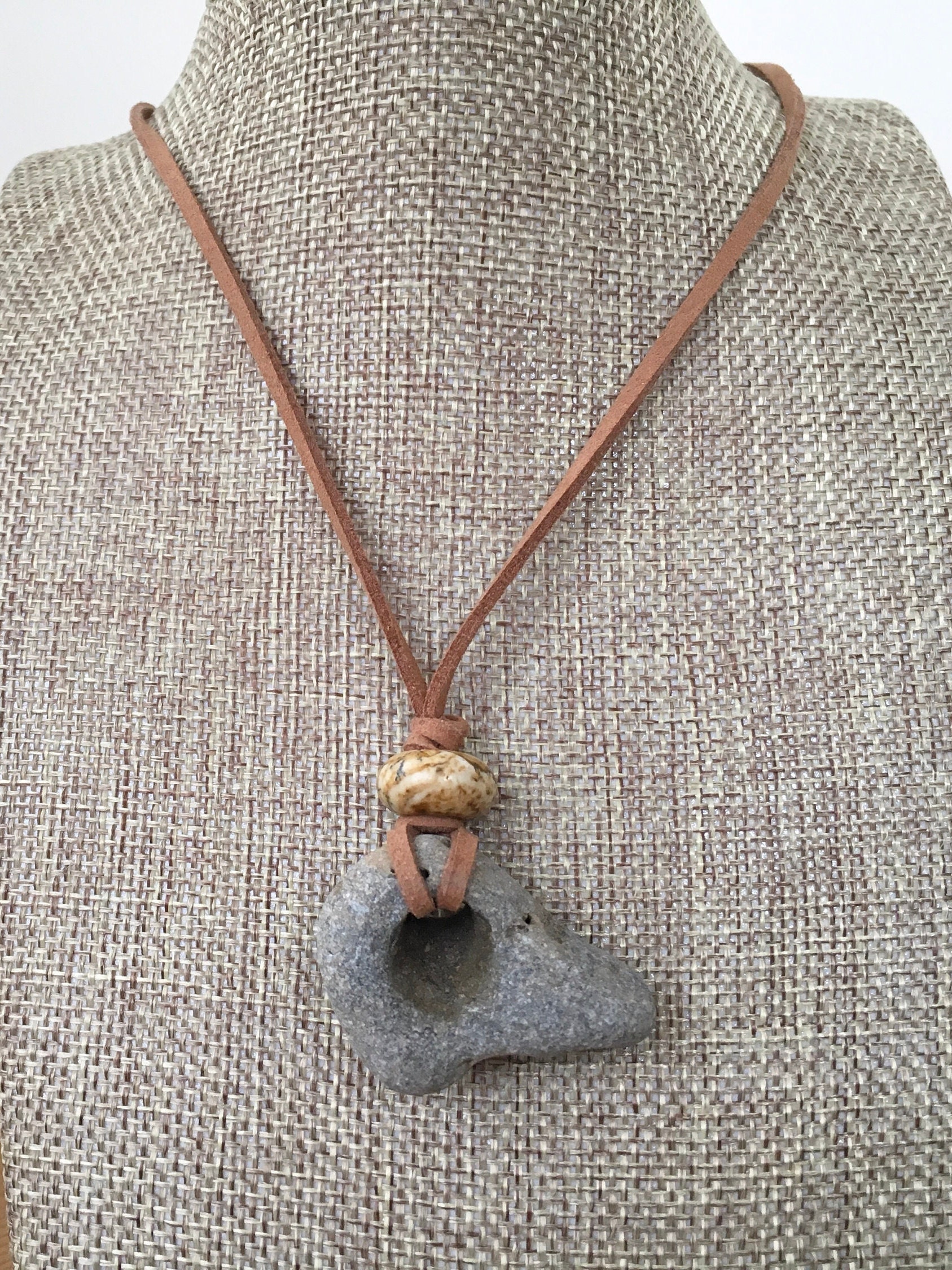 Hag stone pendant, raw stone necklace, beach rock jewelry, vegan