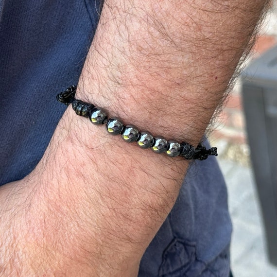 Hematite bead knotted bracelet, simple adjustable jewellery for men or women, iron anniversary gift, 6th anniversary, 6 bead bracelet