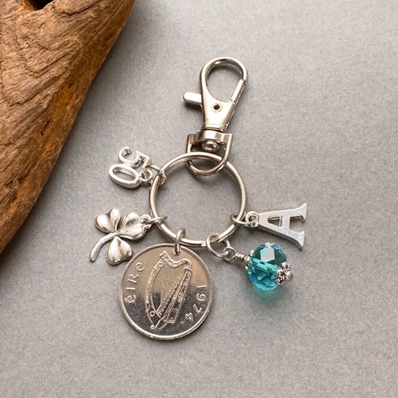 Irish 50th birthday gift, Birthstone charm clip, 1974 coin bag clip charm, choice of initial and birthstone colour