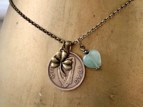 1946 Irish half penny coin and shamrock pendant necklace