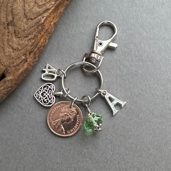 40th personalised birthday gift, 1984 British coin bag clip charm, British lucky penny with a choice of initial and colour birthstone