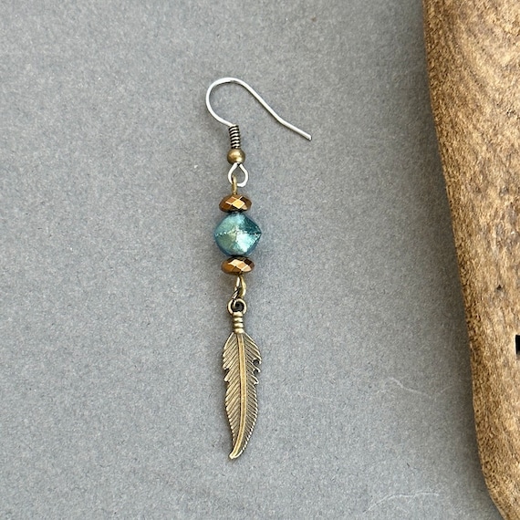 Feather earring, long dangle feather earring, available as a single earring or a pair of earrings, bohemian style jewellery for men or women