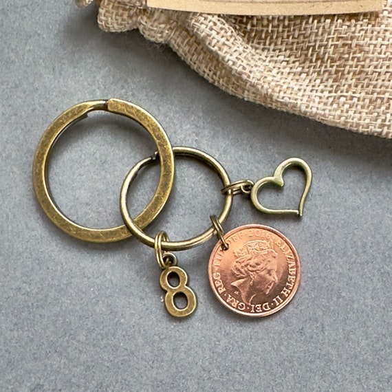 8th anniversary gift, 2016 UK penny Key ring or trigger clip, bronze anniversary present, eighth anniversary, 2016 1p Key ring