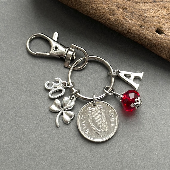 Irish 30th anniversary gift, Irish Birthstone charm clip, 1994 ten pence coin from Ireland, choose initial and birthstone colour