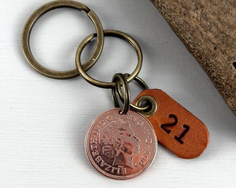 21st Birthday Gift: 2005 Two Pence Coin keyring Keychain with a 21 Leather Tag