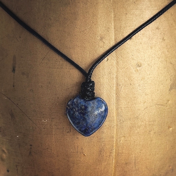 Lapis Lazuli heart adjustable necklace on a black cord, hippie heart pendant, blue gemstone choker